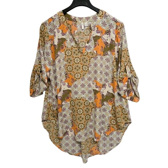 Cato  Womens 18/20W Paisley Popover Tunic Top V Neck Roll Tab Sleeve Boho - Picture 2 of 8